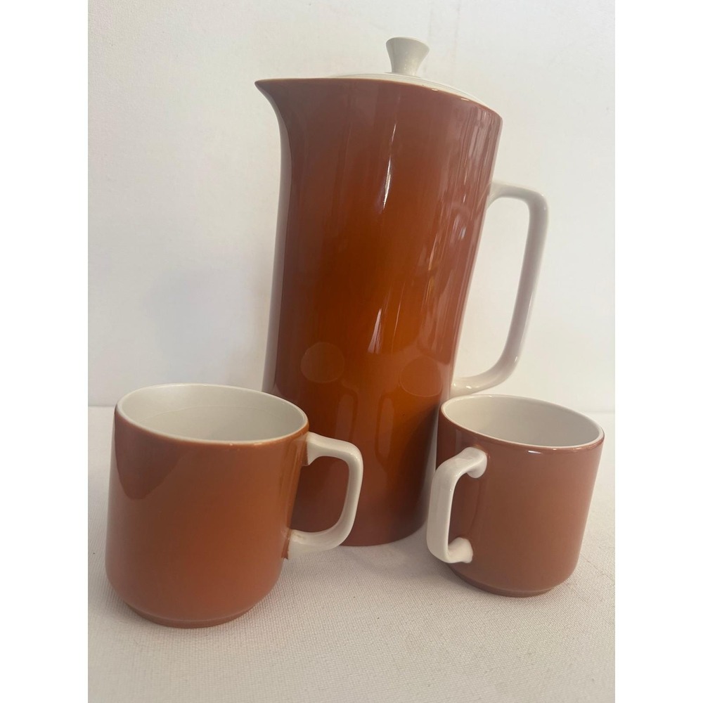 Harmony House Ironstone Coffee Pot Pitcher and 2 Mugs Set 4251 Orange Japan